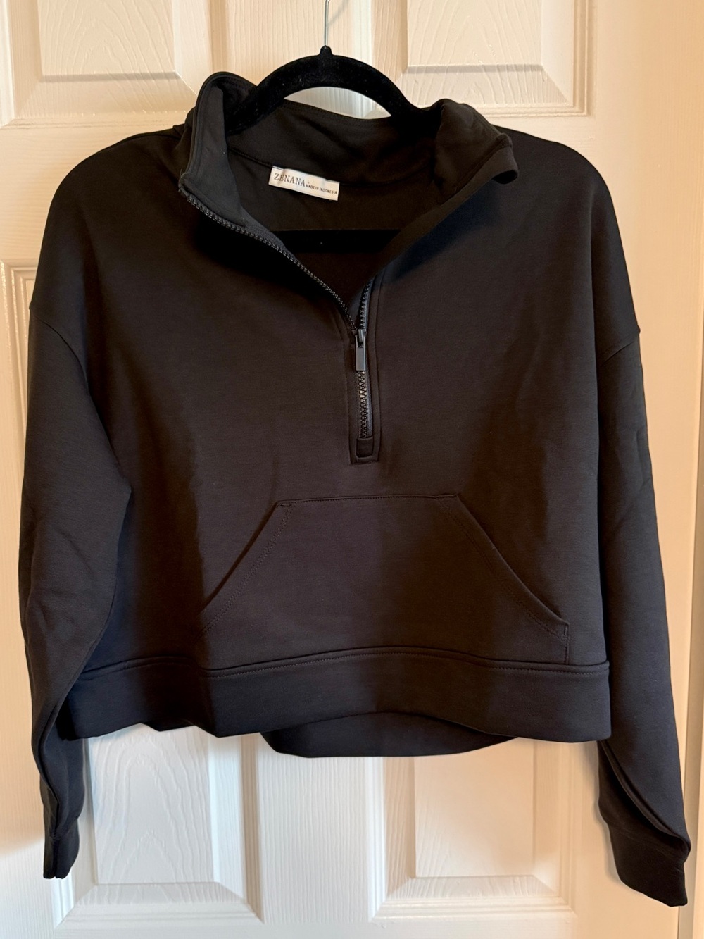 Zenana Half-Zip Black Crop Scuba Pullover